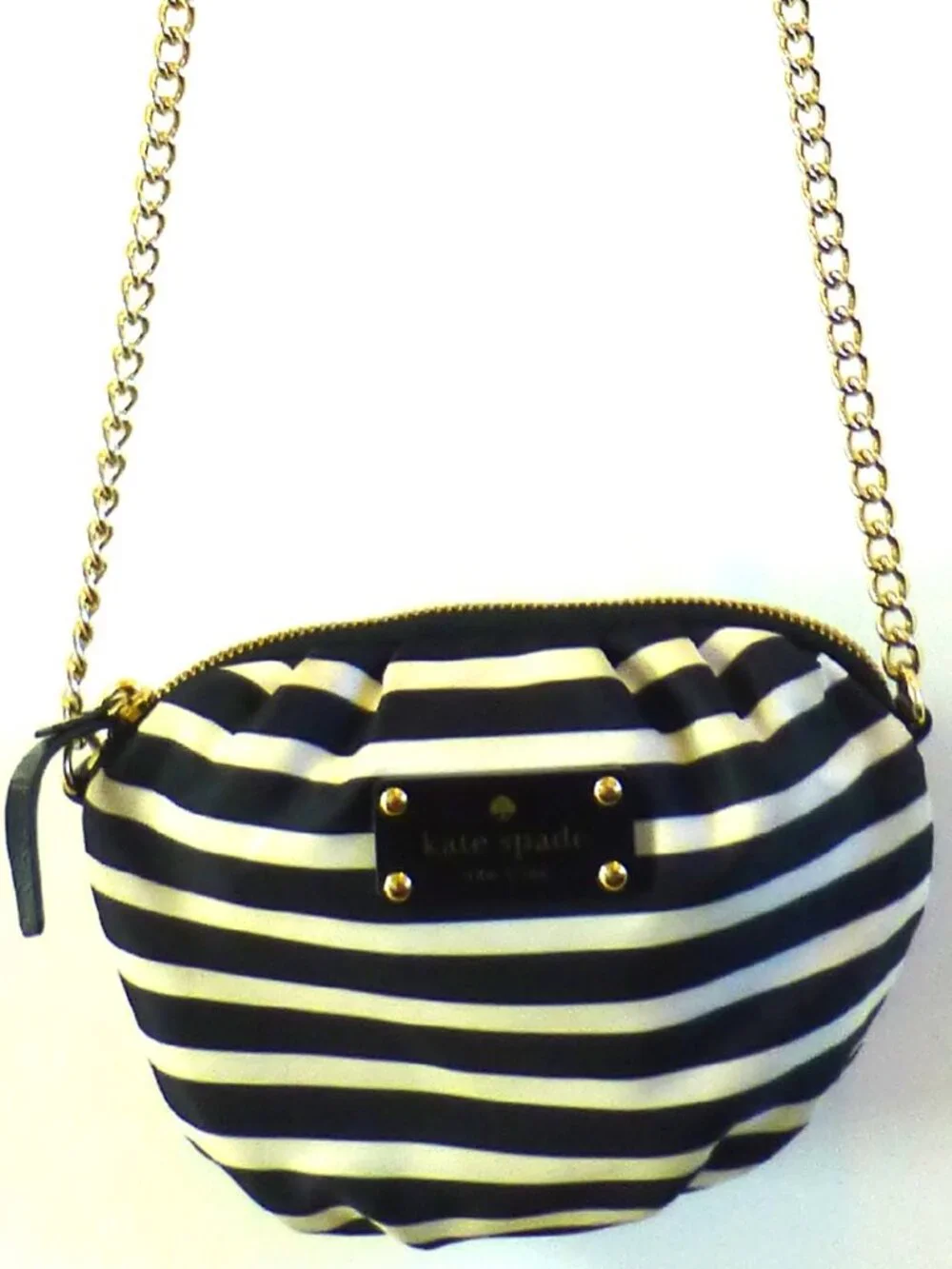 Kate Spade Black White Stripe Satin Crossbody Bag Silver Chain Strap Purse